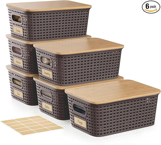 Small Storage Bins with Bamboo Lids, Decorative Plastic Storage Box with Lids, 5QT Stackable Organizing Baskets with Lable for Classroom, Office, Desktop, Closet, Shelf, 10x7.1x4.1 In, Brown, 6 Pack