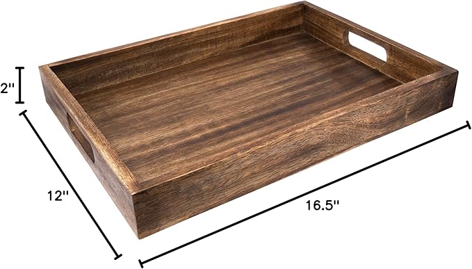 GoCraft Handmade Classic Wooden Tray – Large 16.5" Mango Wood Serving Tray with Handles – Elegant Kitchen & Dining Accessory – Ideal for Breakfast in Bed, Coffee, Tea