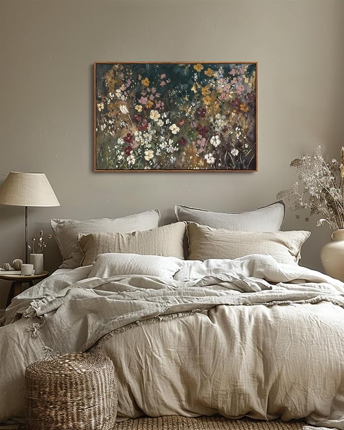 KISSFOX Vintage Floral Framed Wall Art Moody Wildflower Field Canvas Wall Art Neutral Farmhouse Serene Countryside Paintings Artwork Rustic Art Prints For Bedroom Living Room