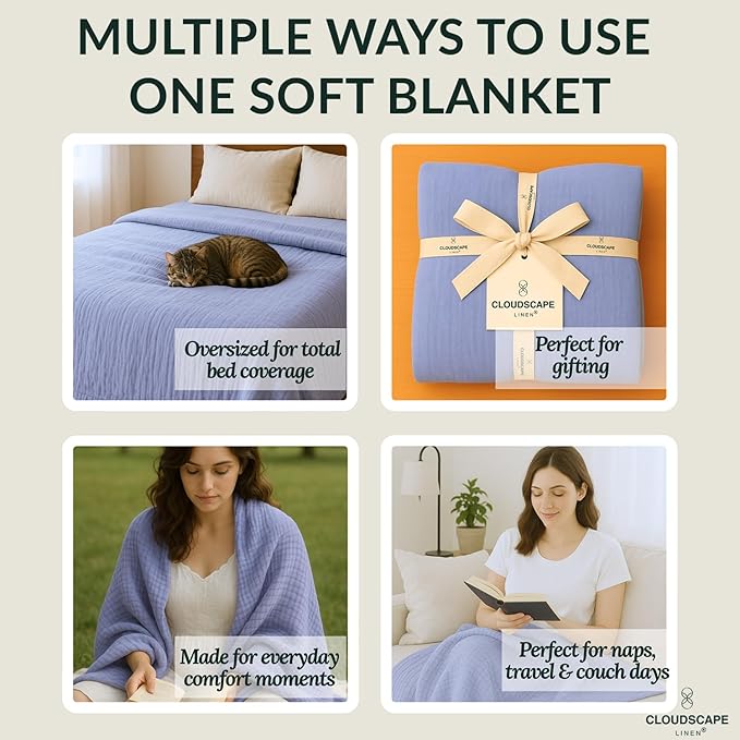 Cloud Scape Linen Extra Large 8-Layer Muslin Throw Blanket, 100% Cotton Gauze Blanket for Couch, Sofa, Bed, Lightweight, Suitable for All Season,50x70, Lavender Blue