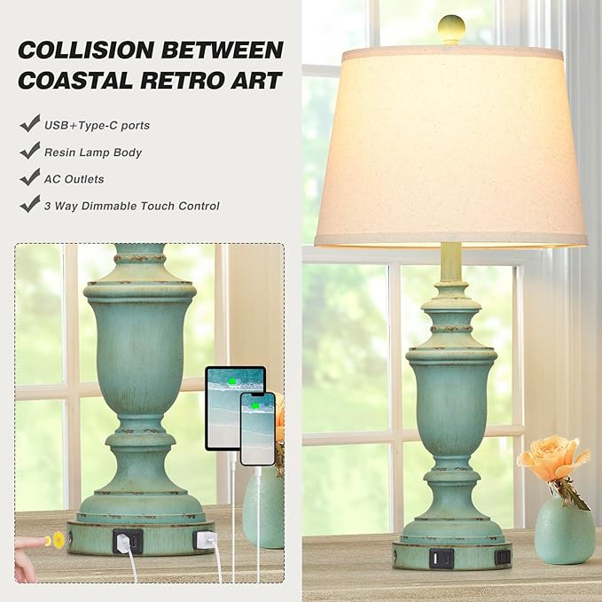 25.6" Farmhouse Table Lamps Set of 2 with USB C+A Ports & AC Outlet for Rustic Living Room Retro Bedroom,3-Way Dimmable Touch Lamp Bedside Lamps for Nightstand Side End Table,Retro Green