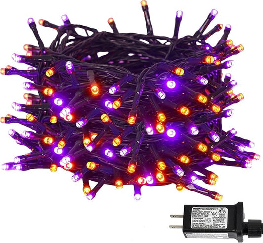 YEGUO 66ft 200 LED Orange and Purple Halloween Lights Outdoor Waterproof, Green Wire Christmas String Lights Indoor, 8 Modes Twinkle Tree Lights Plug in with Timer Memory