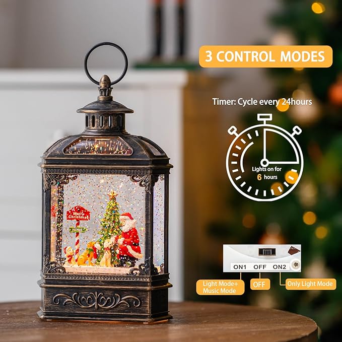 Snow Globe Lighted Christmas Decorations, Santa Claus & Pups Musical Water Lantern with Swirling Glitter, Christmas Holiday Party Gifts and Decorations