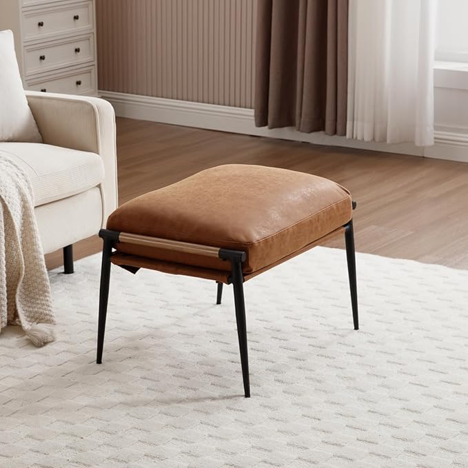 DUOMAY Cute PU Leather Single Footrest, Upholstered Footstool with Black Metal Legs Mid Century Modern Vanity Room Ottoman Shoe Stool for Living Room Bedroom Dressing Room, Brown