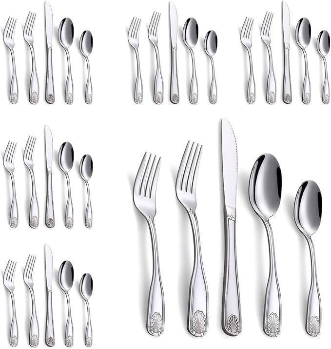 30-Piece Flatware Set, Stainless Steel Silverware Set for 6, Cutlery Set with Shell Pattern, Fork Spoon Knife Set, Dishwasher Safe