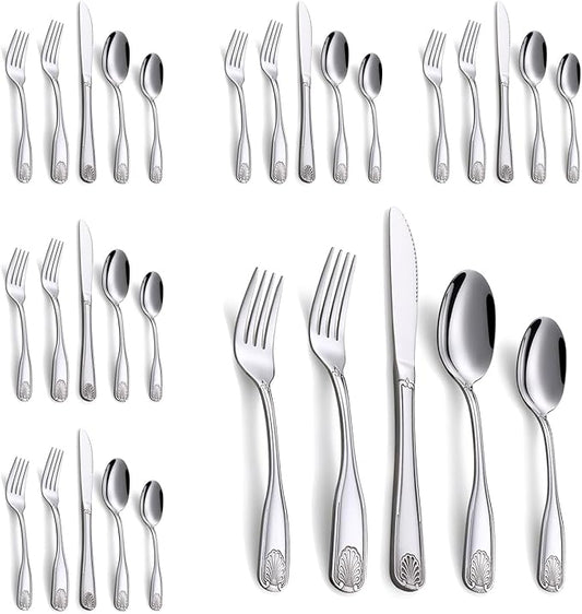 30-Piece Flatware Set, Stainless Steel Silverware Set for 6, Cutlery Set with Shell Pattern, Fork Spoon Knife Set, Dishwasher Safe