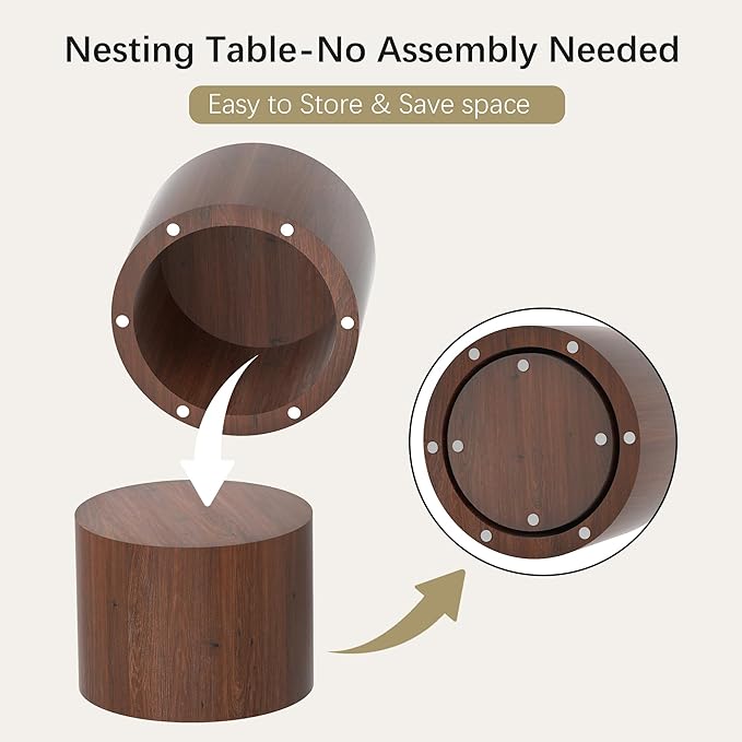 Nesting Coffee Table Set of 2, Round Walnut Wooden Coffee Tables Modern Circle End Table Side Tables for Small Spaces Living Room, Bedroom, Balcony, Office