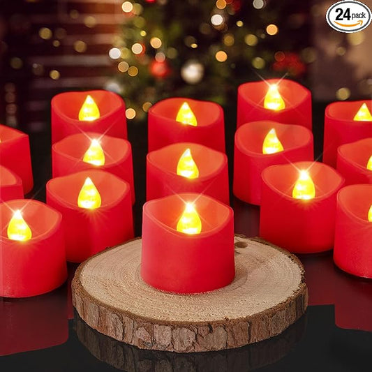 Homemory Red Tea Lights Candles Battery Operated, 200+Hour Flameless Flickering Fake Electric LED Colored Tealights Candles for Party, Wedding, Anniversary, Halloween, Christmas, 24-Pack