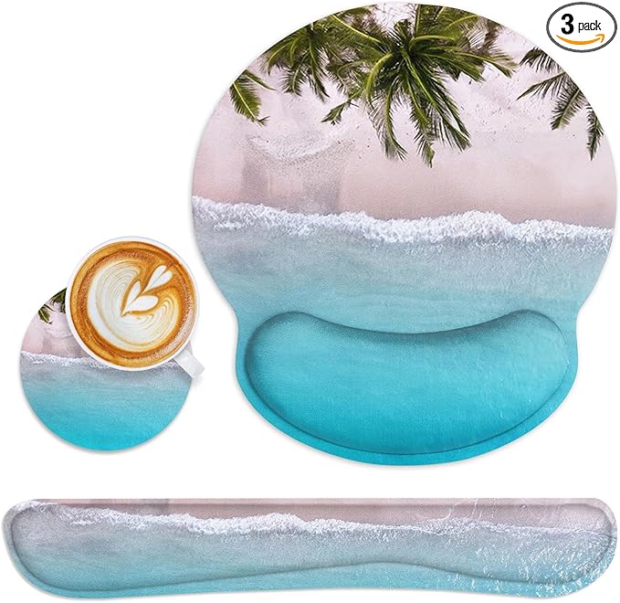 Britimes Blue Ocean Mouse Pad 3pcs Set with Wrist Support Non-Slip Rubber Base Ergonomic Pad,Summer Beach Mouse Wrist Cushion Support and Coasters for Home Office Gaming Easy Typing & Pain Relief