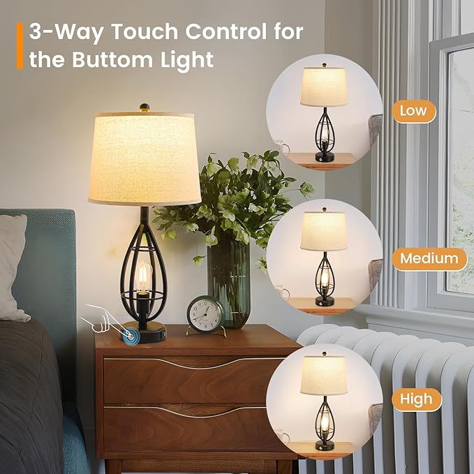 27.8" Farmhouse Table Lamps for Living Room Set of 2，Black Lamps for Night Stands with USB A+C，Dimmable Touch Industrial Bedside Lamps，Rustic Lamp for Bedroom End Tables