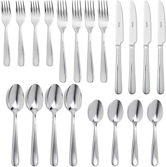 Signature Stainless Steel Flatware 20-Piece Set - Service for 4, Premium Stainless Steel with Weighted Handles, Dishwasher Safe, Everyday or Special Occasion Cutlery (Mirror Finish)