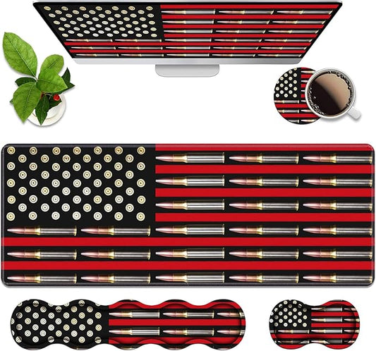 4 in 1 Ergonomic Memory Foam Mouse Pad Wrist Rest Set, Large XXL Gaming Desk Pad + Keyboard Wrist Rest + Mouse Wrist Cushion + Coaster for Home Office Study Gaming, American Flag & Bullets