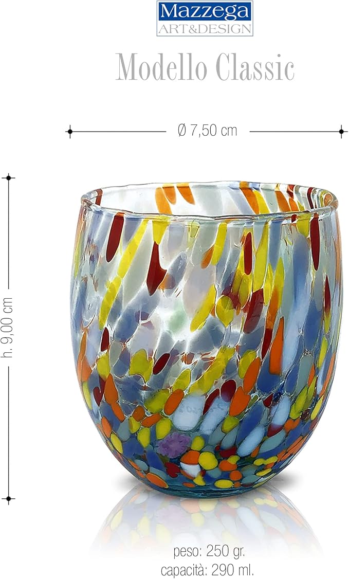 MAZZEGA ART & DESIGN - Set of 6 Handcrafted Blown Glass Water Glasses with Refined and Original Murano Murrine - The Colors of Murano - 'Classic 9,8 oz' Model. Made in Italy (6, Light Blue)