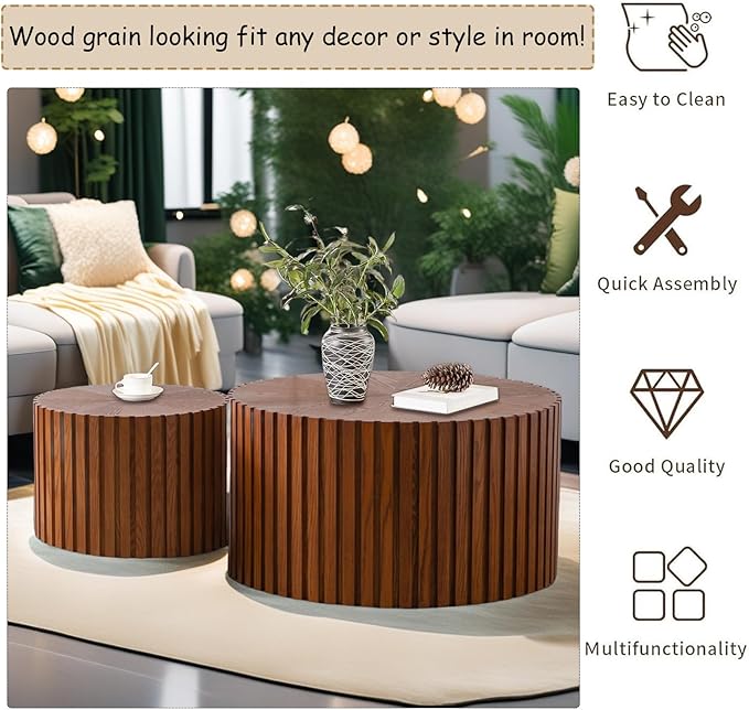 Modern Round Wooden Nesting Coffee Table Set of 2 Circle Tables with Non-Slip Feet, Accent Side End Table, Saving Space Design and No Need Assembly (FLARGE)