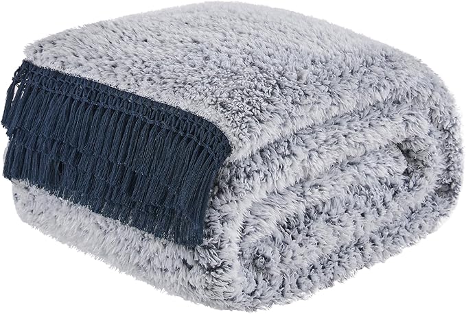 EMME Soft Sherpa Fleece Blanket with Tassel, Reversible Plush Fluffy Large Blanket, Light Weight Warm Decorative Boho Blanket Cover for Sofa, Couch, Bedroom,Travel(Tassel Navy,90"x90")