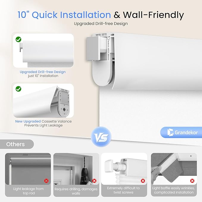 Grandekor No Drill Blackout Roller Shades for Windows,Free-Stop Cordless Roller Blinds for Indoor Windows,UV Protection Thermal Insulated,Pull Down Shades for Bedroom Home,White,Customize