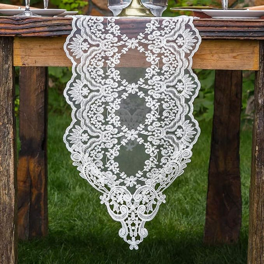 ARTABLE Rectangle Table Runner Lace Macrame Embroidered Table Runners with Exquisite Vintage Shabby Chic for Holiday Wedding Long Dinner Tables (White, 12 x 84 Inch)