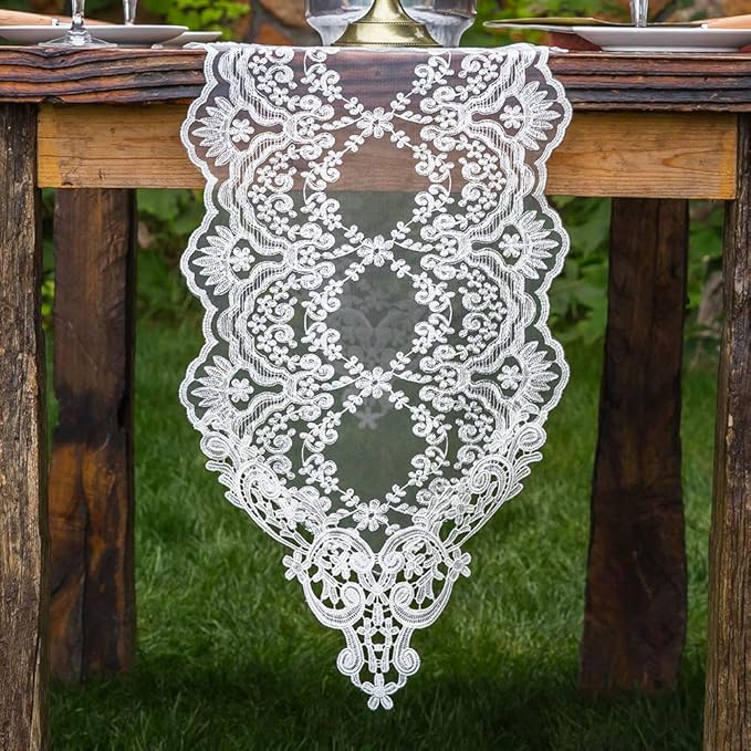 ARTABLE Rectangle Table Runner Lace Macrame Embroidered Table Runners with Exquisite Vintage Shabby Chic for Holiday Wedding Long Dinner Tables (White, 12 x 96 Inch)