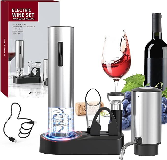 CIRCLE JOY 6-in-1 Electric Wine Opener Set Rechargeable Stainless Steel Wine Opener Gift Set with Foil Cutter, Rechargeable & Manual Wine Aerator Pourers, Vacuum Wine Stopper and Storage Base, Silver