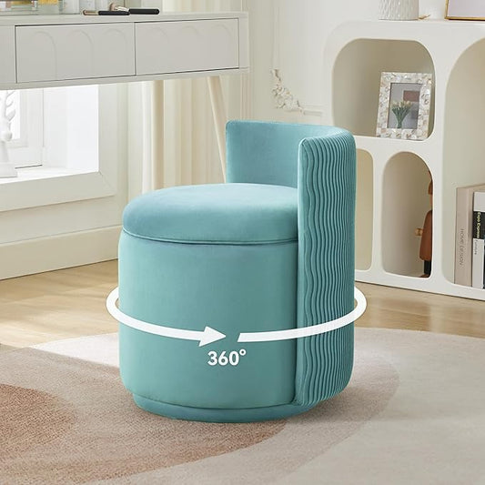 Velvet Vanity Chair with Storage, 360° Swivel Makeup Chair with Wave Back, No Assembly Small Accent Stool for Bedroom, Dressing, Living Room, Teal