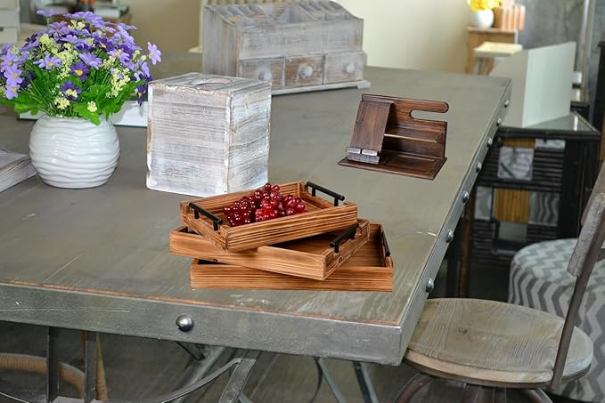 Coffee Table Tray Decorative Nested Vintage Wood Serving Tray Set for Eating, Breakfast, Party, Kitchen, Ottoman,Tea Coffee Table Large Ottoman Trays (Wood, 3Pc)