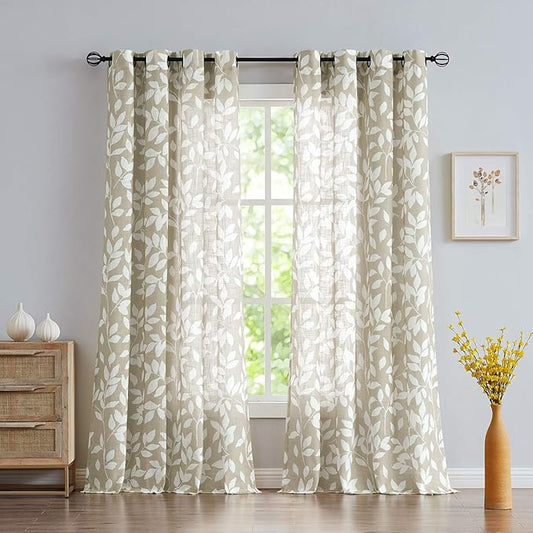 Print Semi Sheer Curtains for Living Room 95-inch Long White Leaf Curtains for Windows 52" Width x 2 Panels, Taupe, Grommet Top