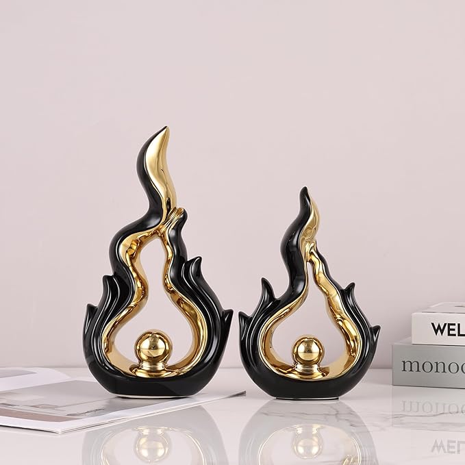 2 Pcs Black and Gold Ceramic Sculptures for Home Decor, Modern Abstract Art Statues, Centerpieces for Dining Room Table, Living Room, Shelf, Mantel, Coffee Table, Entryway Accent Decorations