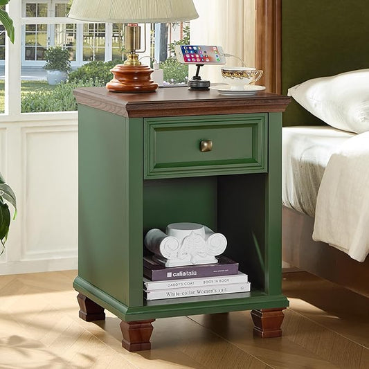 Farmhouse End Tables Living Room with Drawer, Rustic Wood Nightstand with Charging Station, Bedside Table with Open Shelf for Bed Room, Living Room, Green