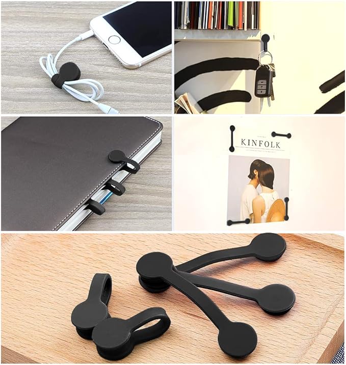 Viaky 6 Pcs Black Magnetic Cable Clips Organizer Earbuds Cords Winder Bookmark Whiteboard Noticeboard Fridge Straps USB Manager Keeper Wrap Ties for Kitchen, Home, Office and School