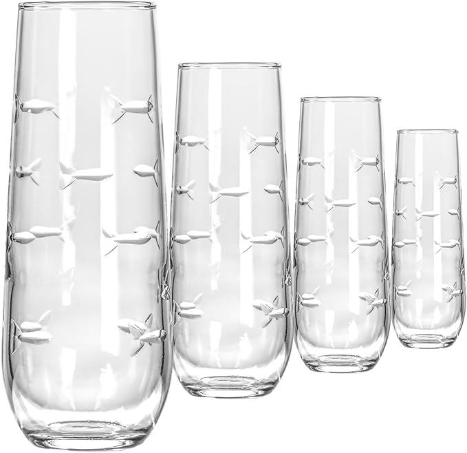 Rolf Glass School of Fish 8.5oz Stemless Champagne Flute Glasses | Toasting Flute Glasses | Lead-Free Glass | Etched Flute Glasses | Proudly Made in the USA (Set of 4)
