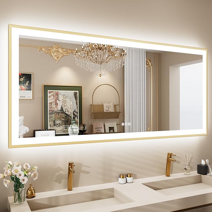 60x28 LED Bthroom Mirror with Gold Metal Frame, Dimmable Lighted Mirror with Backlit and Front-lit,LED Vanity Mirror for Wall, Memory Function, Tempered Glass, Anti-Fog