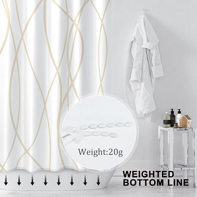 Punkray Beige Khaki Shower Curtain for Bathroom with Hooks, Extra Long Shower Curtain Set Stripe Bath Curtains Decorative White Shower Curtains Weighted Hem Water Repellent Washable, 72 x 72