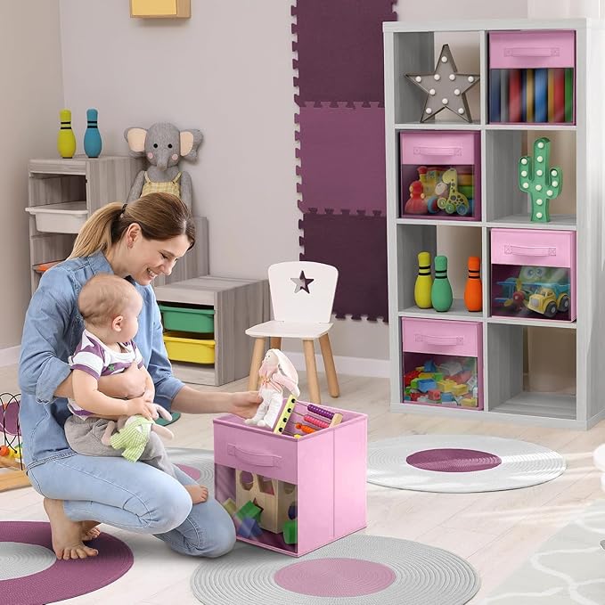 Sorbus 11 Inch Storage Bins with Clear Window - 6 Foldable Baskets for Organizing Clothes, Toys, Books - Sturdy Collapsible Fabric Storage Cubes with Handle - Storage Baskets for Shelves, Closets