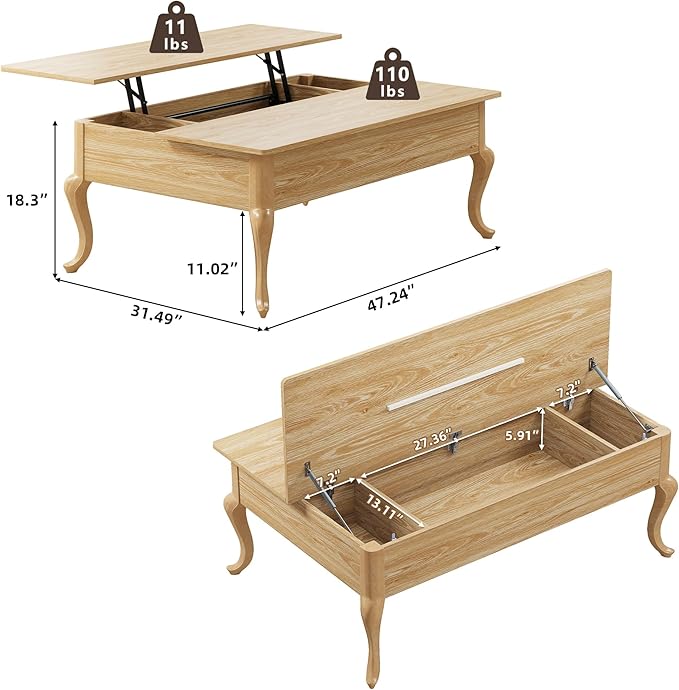Lift Top Coffee Table, Farmhouse Coffee Table with Hidden Storage, Wood Center Table Dining Table for Living Room, Apartment, Home Office (Natural)