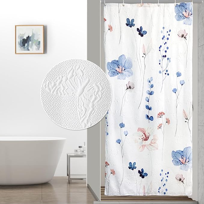 QIYI Small Stall Half Watercolor Floral Shower Curtain, 3D Embossed Butterflies Blue Flower Cloth Bathroom Curtain, Waterproof Fabric White Shower Curtain Set with Hooks