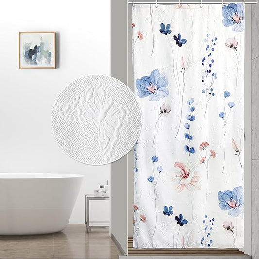 QIYI Small Stall Half Watercolor Floral Shower Curtain, 3D Embossed Butterflies Blue Flower Cloth Bathroom Curtain, Waterproof Fabric White Shower Curtain Set with Hooks