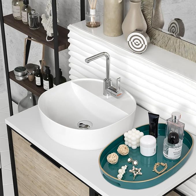 MAONAME Green Decorative Tray, Oval Serving Tray with Handles, Plastic Trays for Coffee Table, Ottoman Trays for Living Room, Bathroom, 15.6" X 10.6" X 1.4"