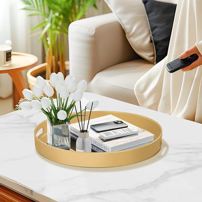 MAONAME 13" Gold Round Decorative Tray for Coffee Table, Modern Serving Tray with Handles, Plastic Ottoman Trays, Bathroom Decor