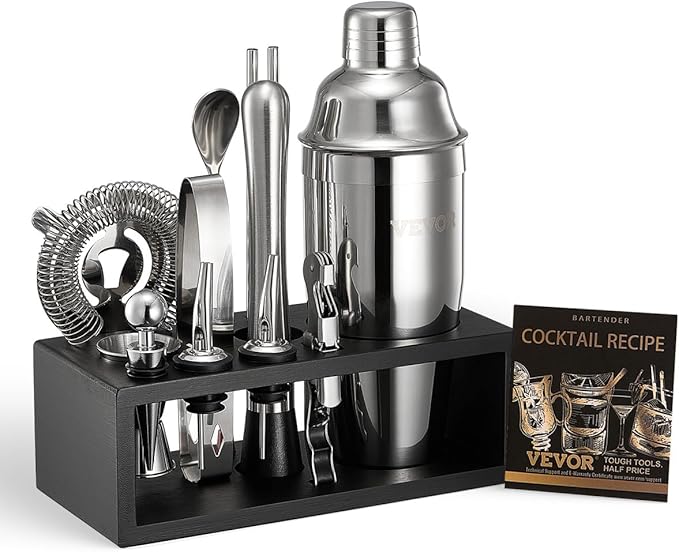 VEVOR Cocktail Shaker Set, 13-Piece Stainless Steel Bar Tools with Bamboo Stand, Martini Bartender Kit Accessories | Mixer Spoon, Muddler, Jigger, Strainer, Liquor Pourers, Ice Tong, Corkscrew, Silver