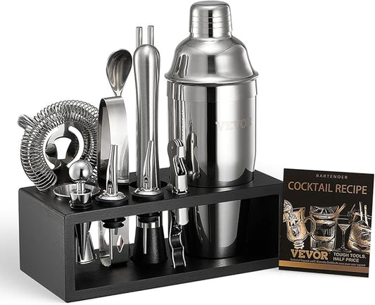 VEVOR Cocktail Shaker Set, 13-Piece Stainless Steel Bar Tools with Bamboo Stand, Martini Bartender Kit Accessories | Mixer Spoon, Muddler, Jigger, Strainer, Liquor Pourers, Ice Tong, Corkscrew, Silver
