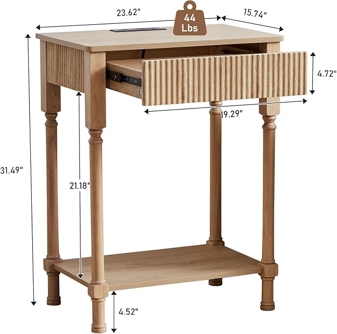 23.6” Large End Table with Charging Station, Set of 2, Modern Farmhouse Side Table Sofa Tables with Fluted Drawer, Wooden Bedside Table Night Stand for Bedroom Living Room Home Office,Natural