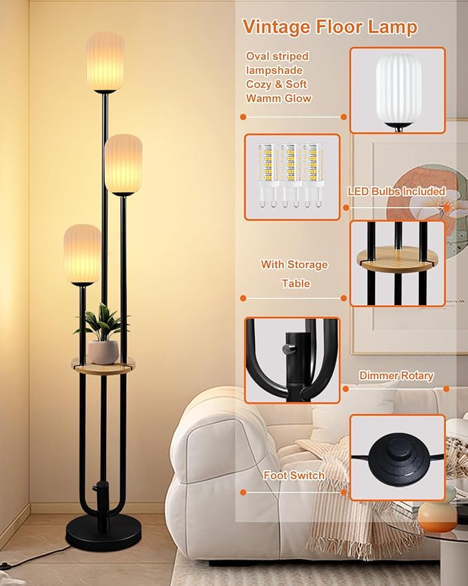 Lightdot Black Dimmable Floor Lamp with Shelf, Modern Floor Lamps with Oval Striped Lampshade 3000K Soft Warm White 3-Lights Candle Holder Style Tall Lamp for Living Room/Bedroom
