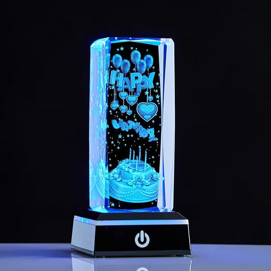 3D K9 Crystal Night Light with LED Light Base Gift for Women Men Girlfriend Christmas Valentines Anniversary Birthday Gifts (Happy Birthday)