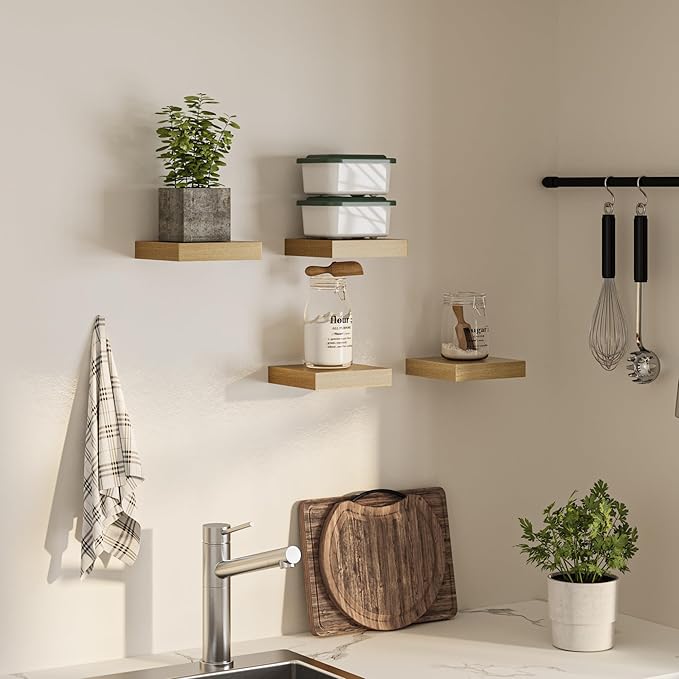 Square Floating Shelves for Wall, 8" W x 8" D x 1.2" H, Small Wooden Wall Mounted Display Shelves with Invisible Brackets for Living Room, Bedroom, Bathroom, Kitchen Decor, Set of 4, Oak