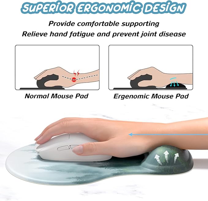Hsurbtra Ergonomic Mouse Pad with Wrist Rest Support, Gel Mouse Pads with Non-Slip PU Base, Pain Relief Memory Foam Computer Mat, Cute Office Supplies Desk Decro Accessories, Black Forest