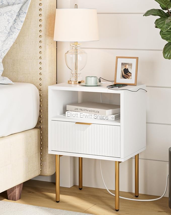 Masupu Nightstand with Charging Station,Mid-Century Modern Bedside Table with Storage Drawer and Open Wood Shelf,Small Gold Frame Side Table for Bedroom,Living Room (White)