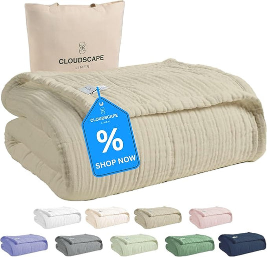 Cloud Scape Linen Extra Large 4 Layer Muslin Throw Blanket - 100% Cotton Gauze, Lightweight & Breathable All Season, Pre-Washed, for Couch & Bed, 50x70, Beige Fog