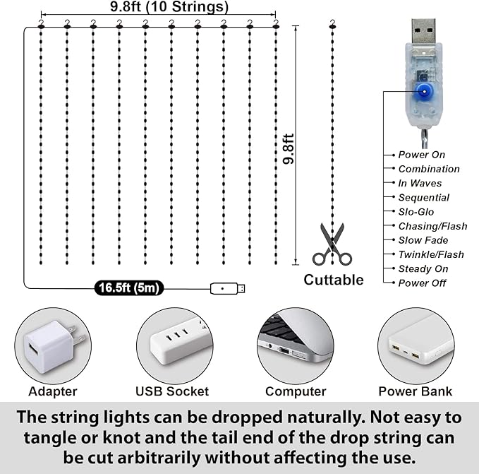 HXWEIYE 300LED Fairy Curtain Lights, 9.8x9.8Ft Tangle-Free USB Plug in 8 Modes Timer Christmas String Hanging Lights with Remote for Bedroom Backdrop Wedding Party Home Wall Garden, Pink