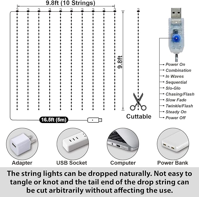 HXWEIYE 300LED Fairy Curtain Lights, 9.8x9.8Ft Tangle-Free USB Plug in 8 Modes Timer Christmas String Hanging Lights with Remote for Bedroom Backdrop Wedding Party Home Wall Garden, Purple