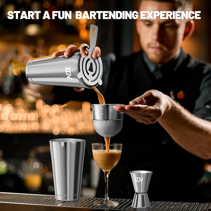 IOV Boston Cocktail Shaker Bar Set, Bartender Kit Drink Mixer Set with 18 oz & 28 oz Boston Shakers, Hawthorne Strainer, Double Jigger, Bar Tool Kit and Recipe Booklet - Silver